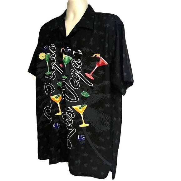 Las Vegas Mens Black Hawaiian Button Front Shirt XL Welt Pocket Cocktails Dice - Picture 3 of 8